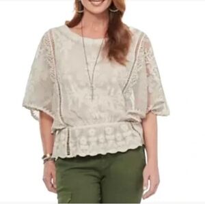 Democracy Women’s Tea Stained Lace Boho Peasnt Top With Peplum Size Small